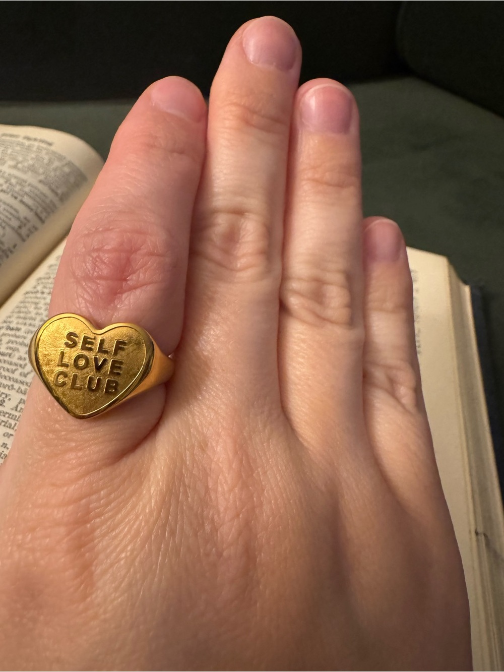 Gold Heart Signet Ring with SELF LOVE CLUB Engraving